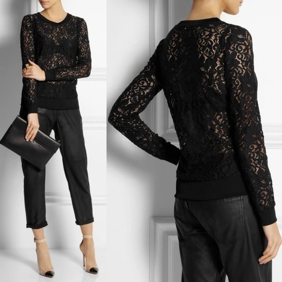 Theory Black Jaidyn Sheer Lace Long Sleeves Crew Neck Size S - Picture 4 of 13